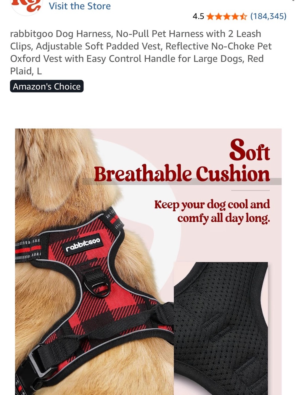 Rabbitgoo Red Plaid No-Pull Dog Harness with Soft Breathable Cushion- Large